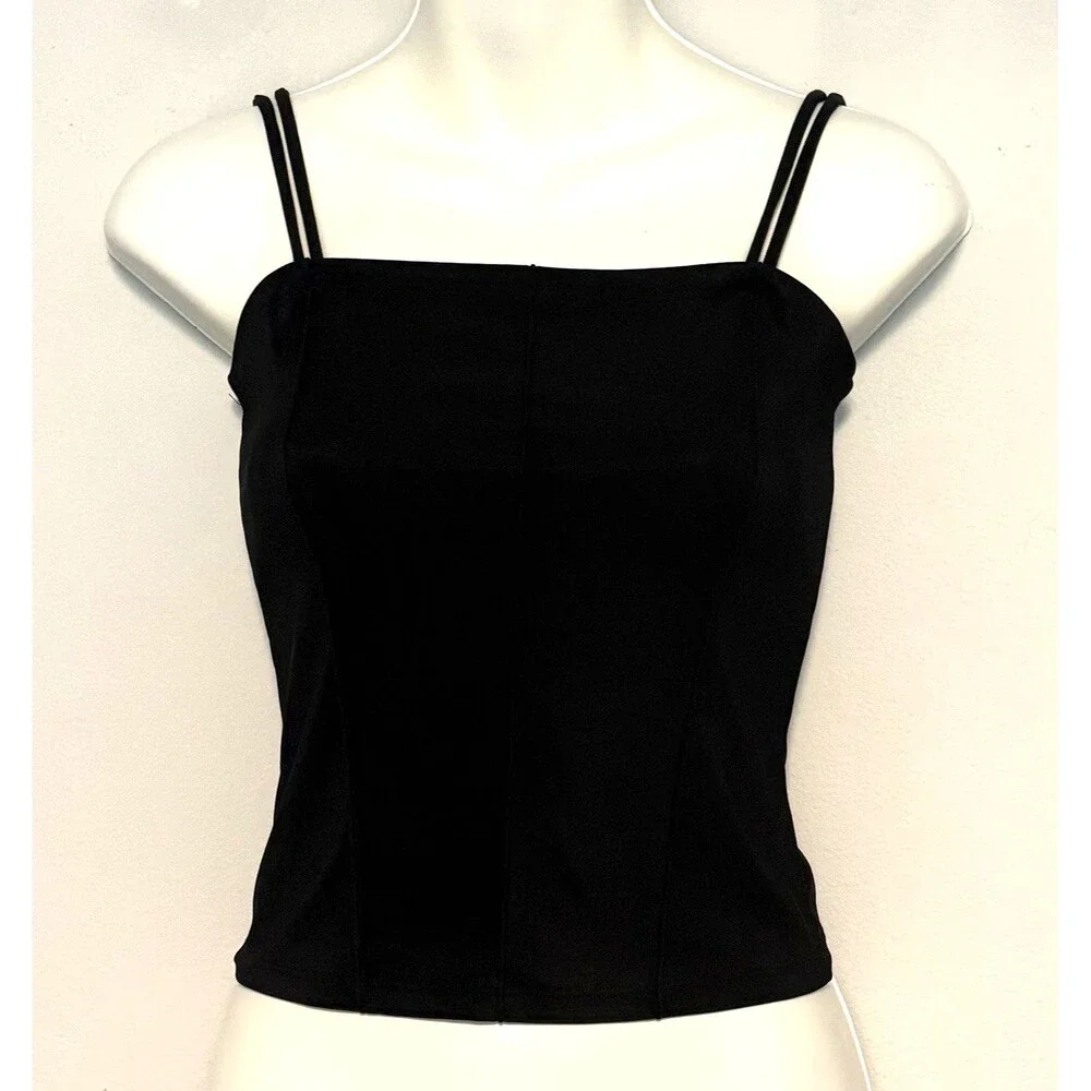 Vintage joule Crop Tank Top Sz L Black Strappy Knit 90s Y2K